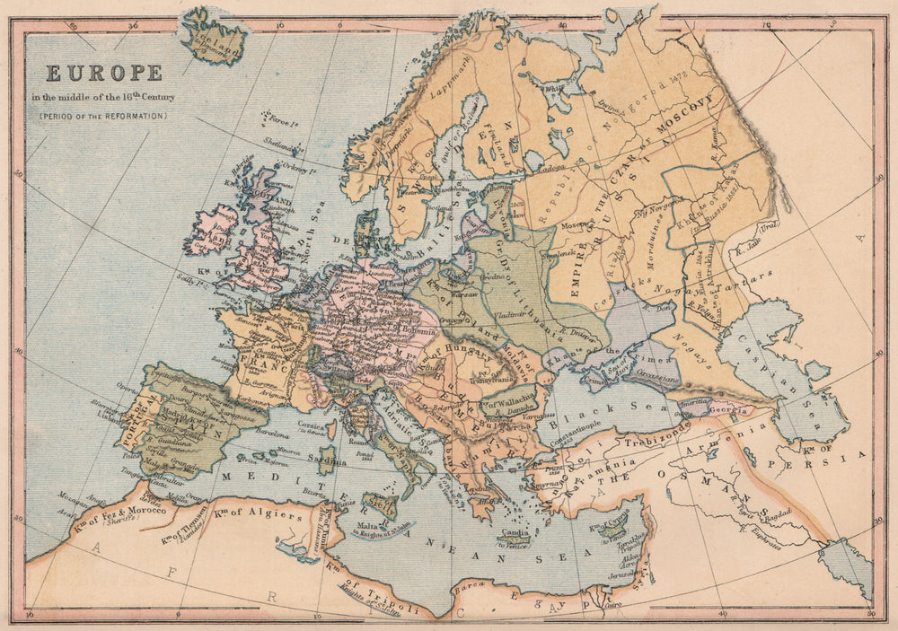 16TH CENTURY EUROPE. Reformation. Key battles/dates. COLLINS 1880 old map