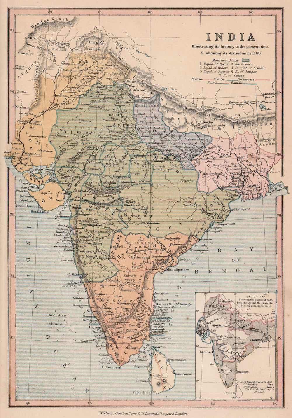 INDIA 1760.British French Portuguese Dutch Danish.Presidencies.COLLINS 1880 map