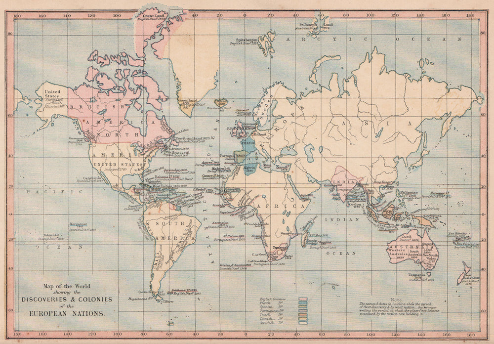 WORLD. Dates of European discovery & colonisation. COLLINS 1880 old map