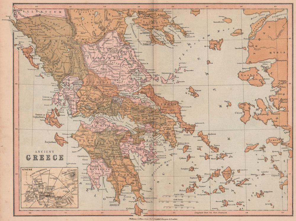 ANCIENT GREECE. Showing provinces etc. COLLINS 1880 old antique map plan chart