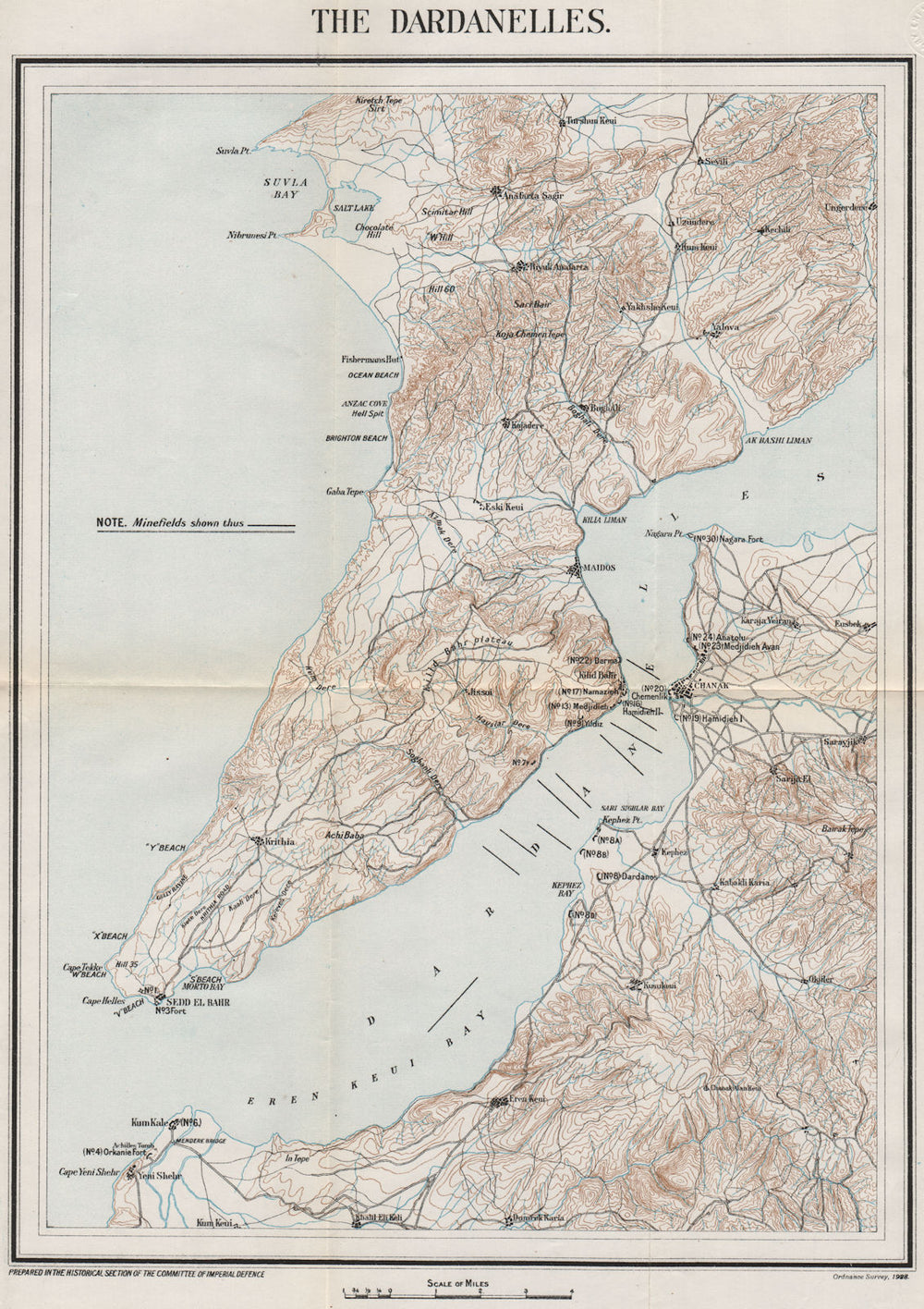 FIRST WORLD WAR. The Dardanelles. Minefields. Military map 1928 old