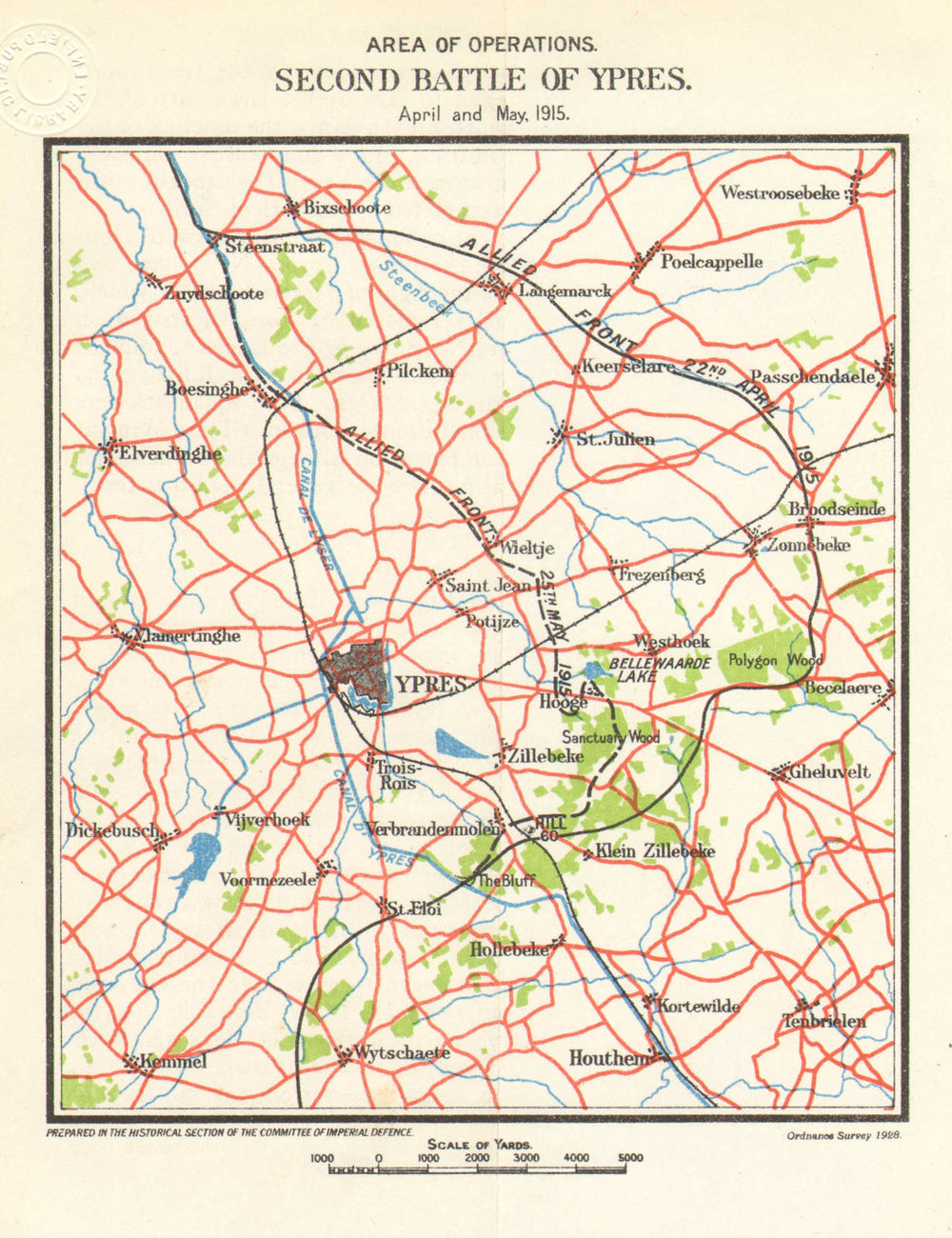 WW1 WESTERN FRONT. Second battle of Ypres, April-May 1915. Allied front 1928 map