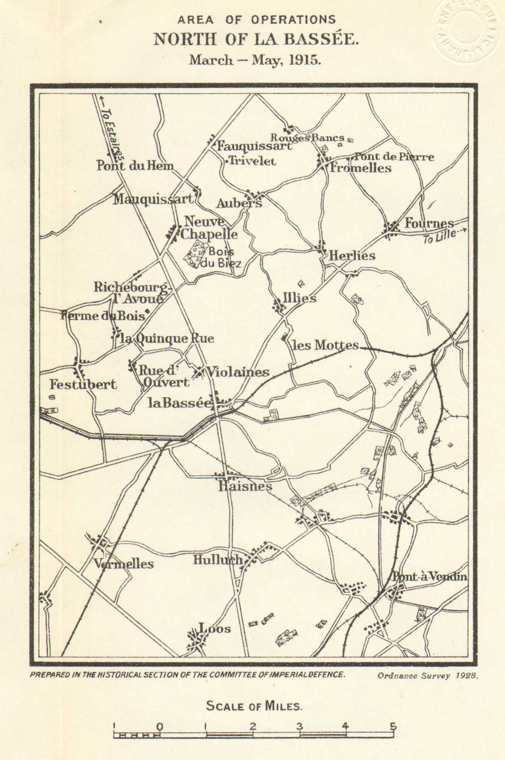 WW1 WESTERN FRONT.Area of operations north of La Bassée,March-May 1915 1928 map