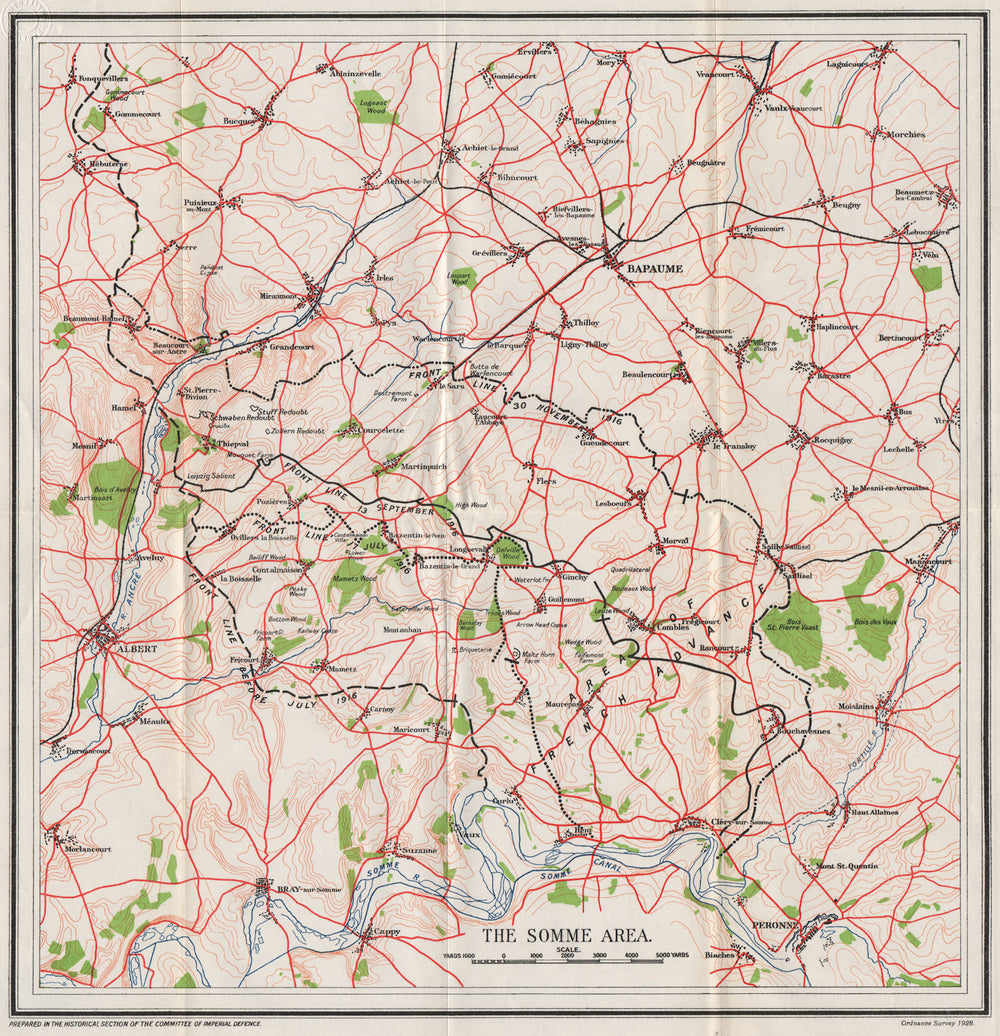 WW1 WESTERN FRONT. The Somme Area. Front line July-November 1916 1928 old map
