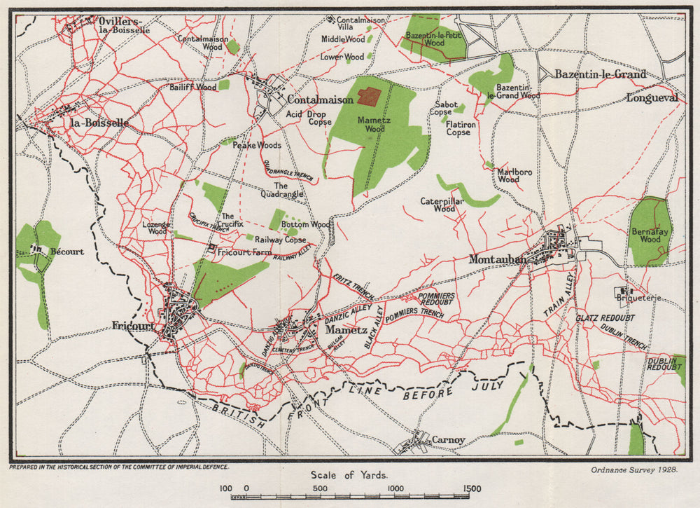 WW1 WESTERN FRONT. British right attacks, July 1916. Trenches in red 1928 map