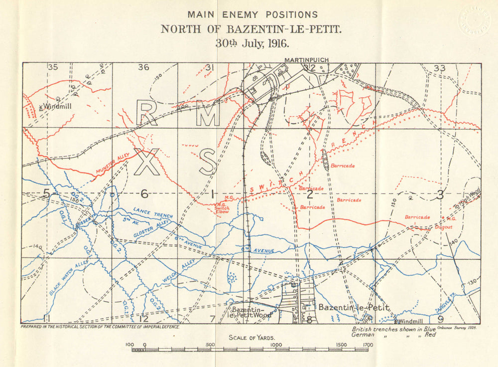 WW1 WESTERN FRONT. Somme. Trenches. Bazentin-le-Petit. 30 July 1916 1928 map