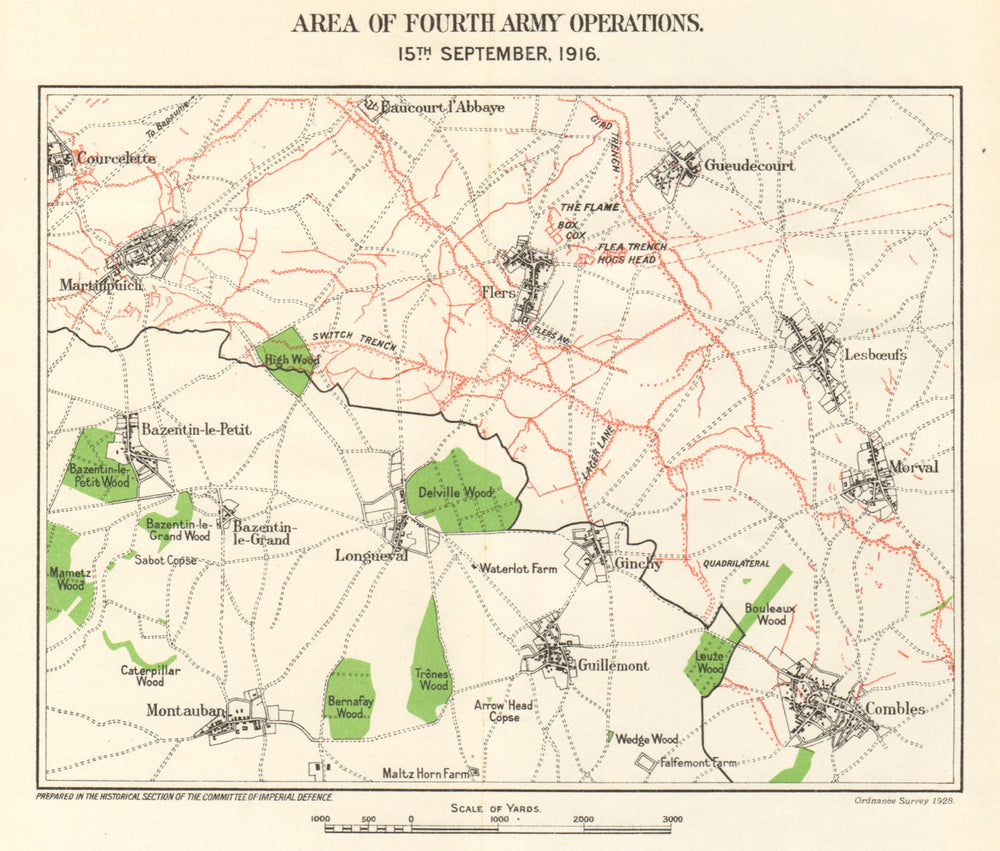 WW1 WESTERN FRONT. Combles Martinpuich 4th Army operations 15 Sept 1916 1928 map