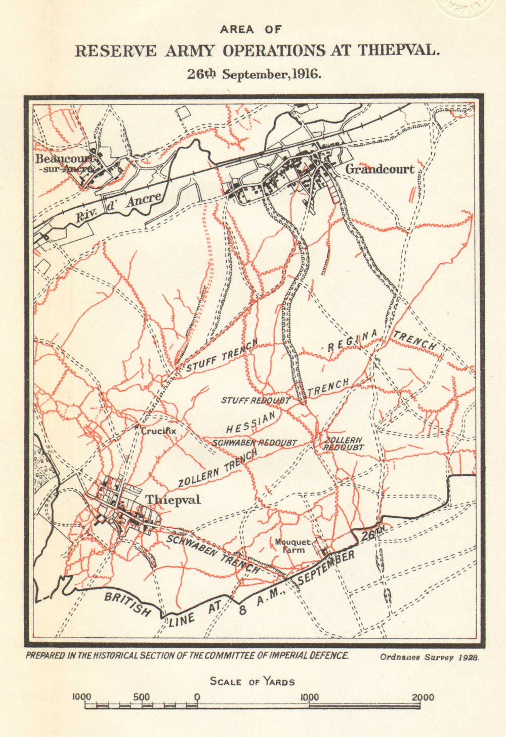 WW1 WESTERN FRONT. Somme. Reserve Army trenches Thiepval 26 Sept 1916 1928 map