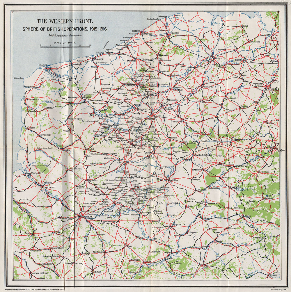 WW1 WESTERN FRONT. Sphere of British operations, 1915-1916 1928 old map