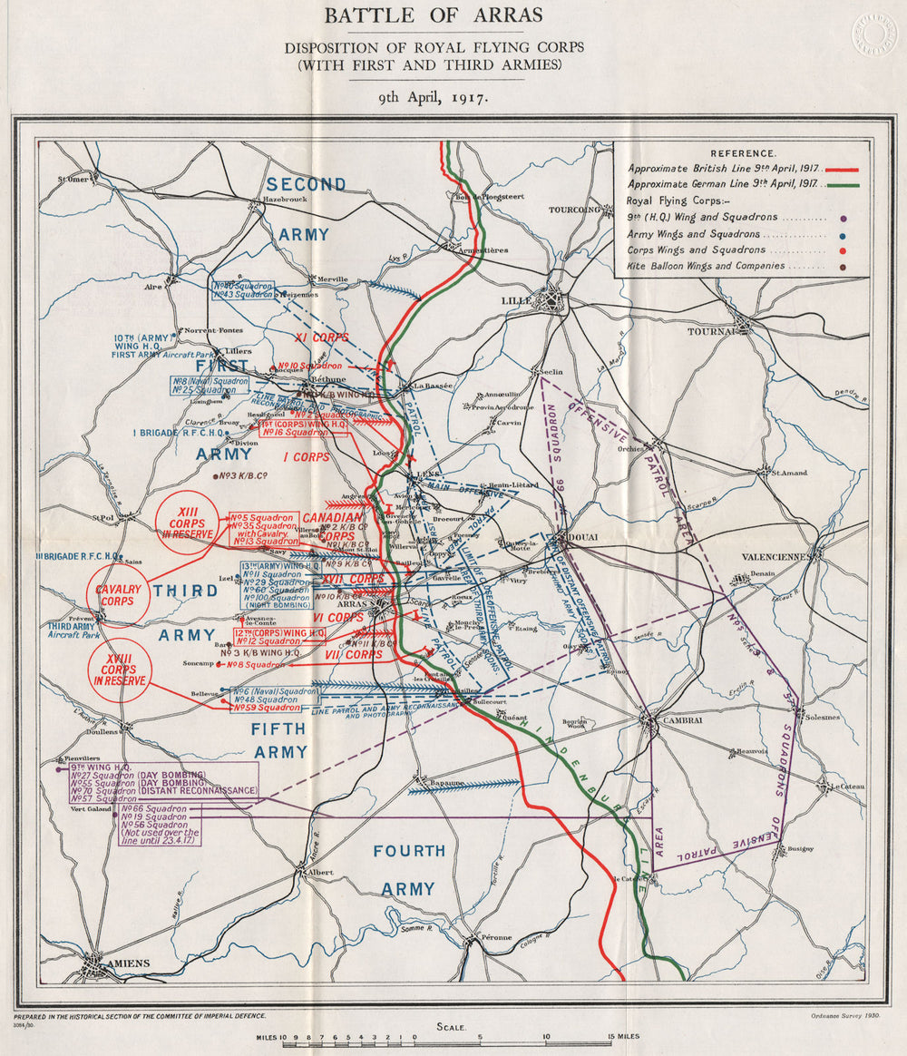 WW1 WESTERN FRONT. Battle of Arras. Royal Flying Corps April 1917 1931 old map