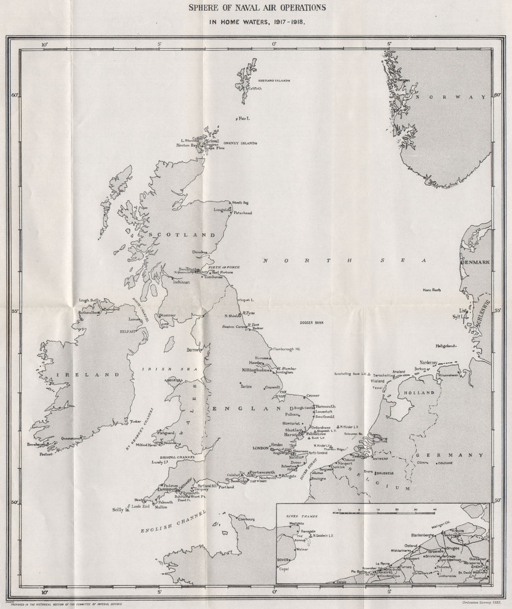 FIRST WORLD WAR.Sphere of Naval Air operations in home waters,1917-1918 1934 map