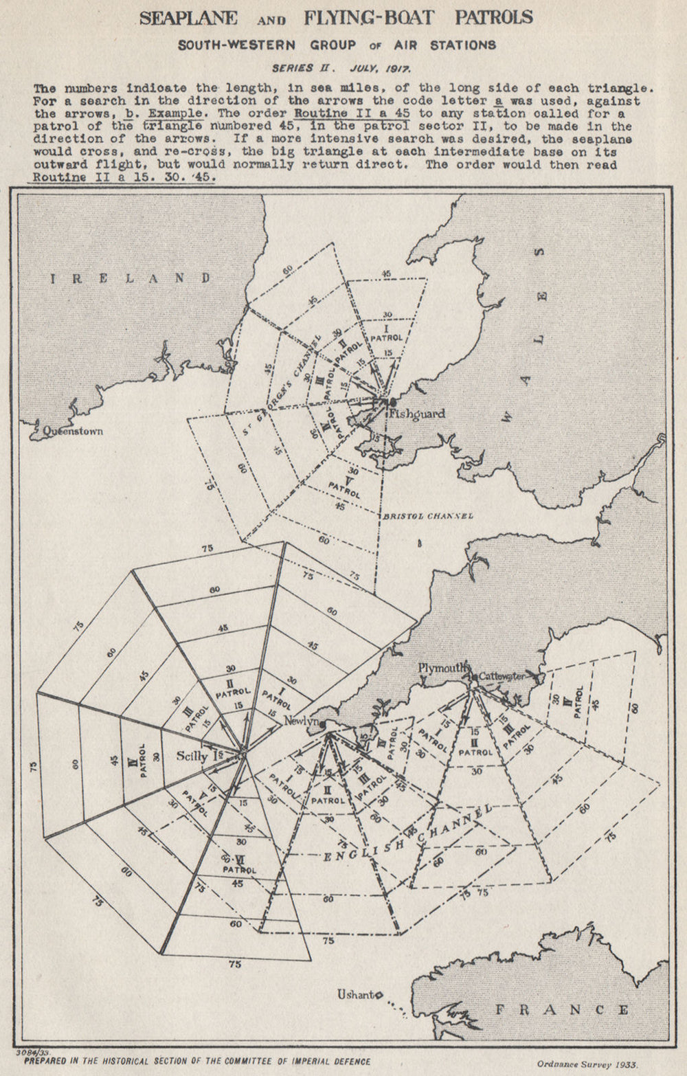 WW1.Seaplane flying-boat patrols.Plymouth Fishguard Scilly Newlyn 1917 1934 map