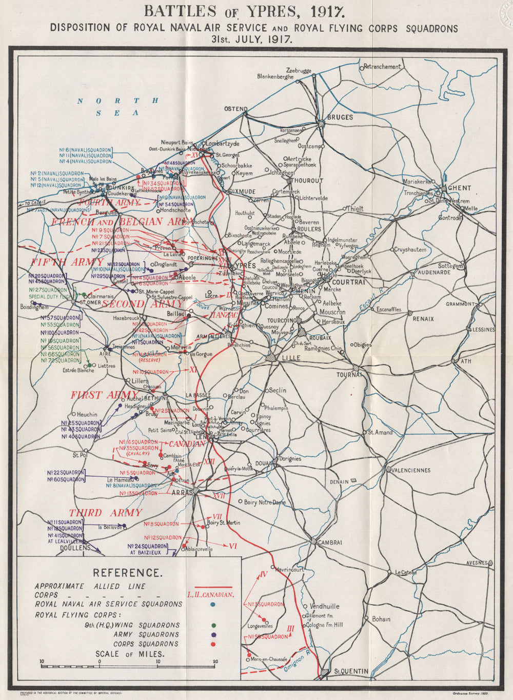 WW1 WESTERN FRONT. Battles of Ypres July 1917. RNAS & RFC Squadrons 1934 map