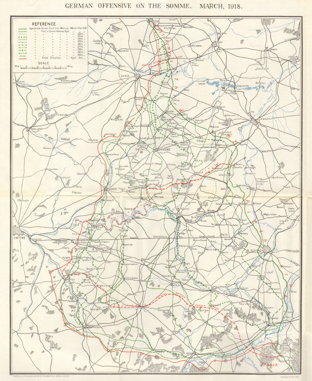 WW1 WESTERN FRONT. German offensive on the Somme, March 1918 1934 old map