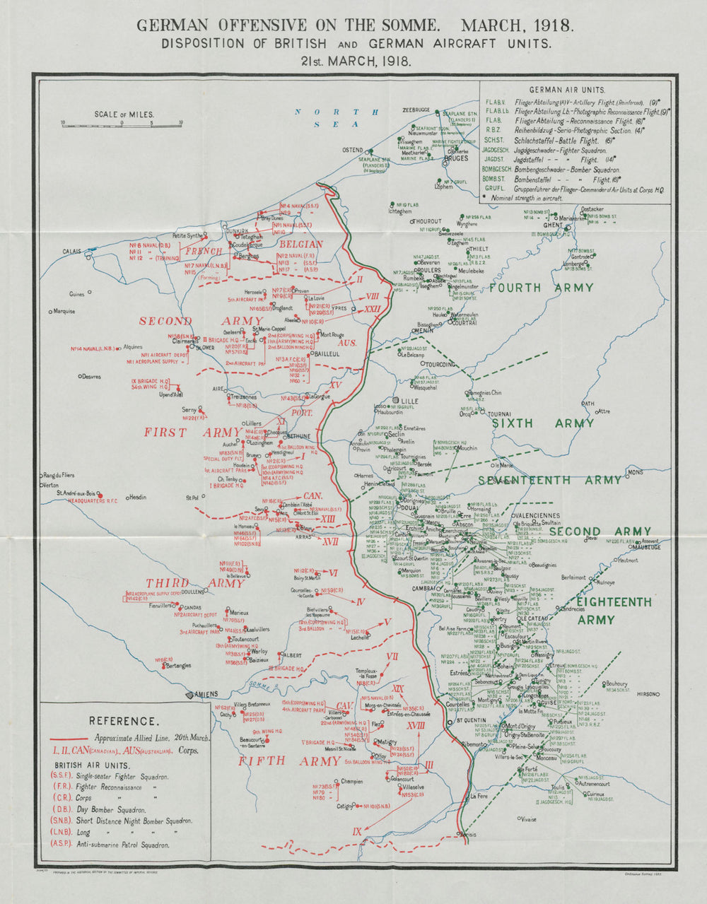 WW1 German Somme Offensive. British German aircraft units 21 March 1918 1934 map