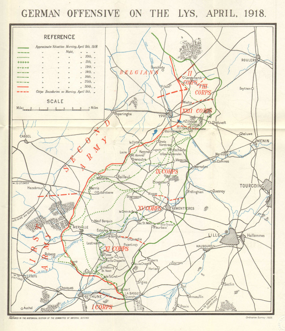 WW1 WESTERN FRONT. German offensive on the Lys, April 1918 1934 old map