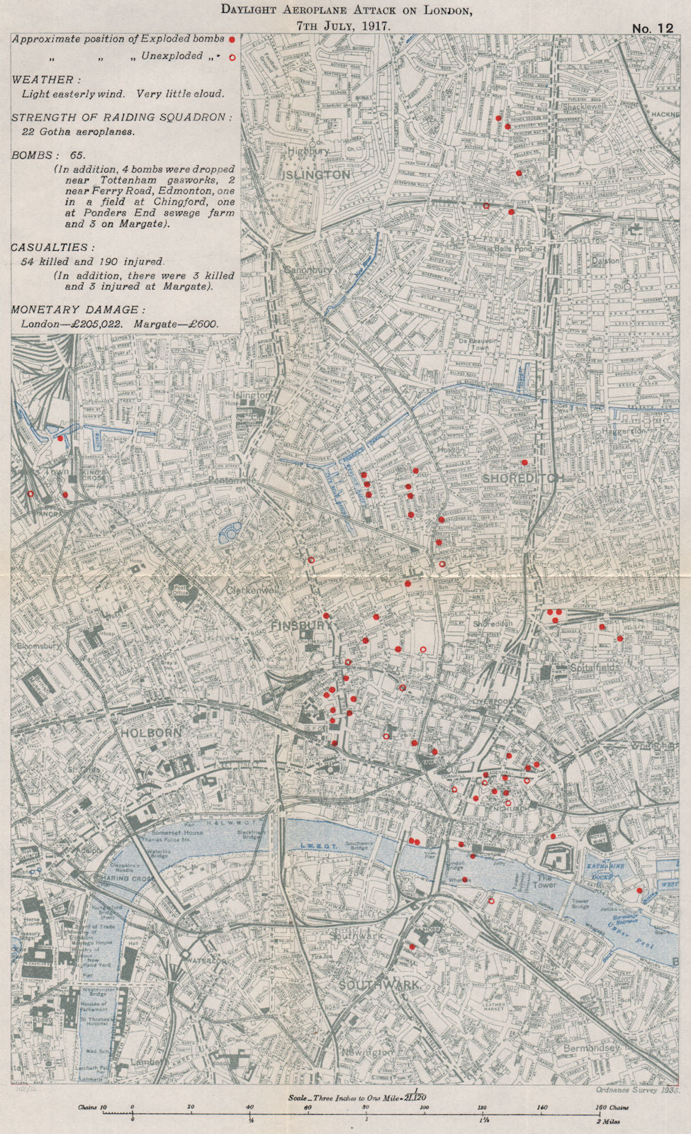 FIRST WORLD WAR.Daylight Aeroplane attack on London,7th July 1917.Bombs 1935 map