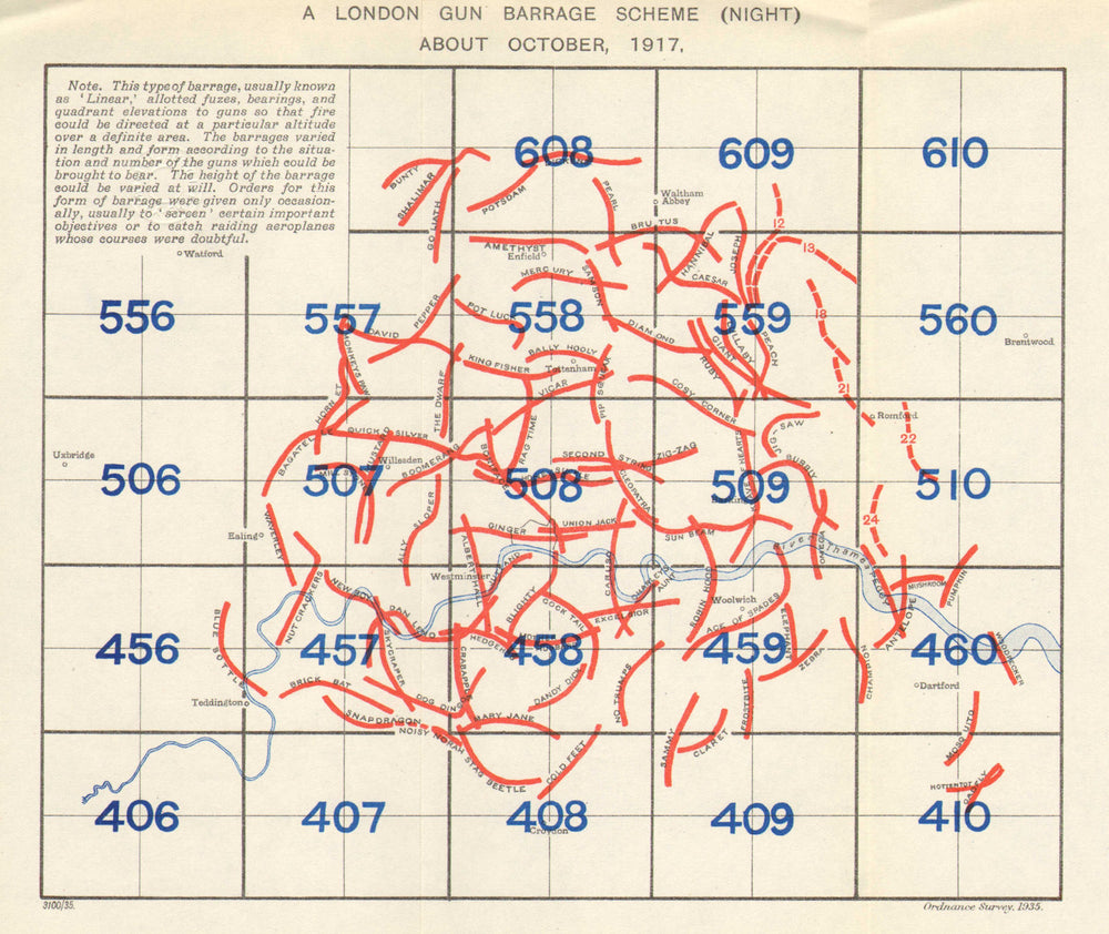 FIRST WORLD WAR. A London Gun barrage scheme (Night) October 1917 1935 old map