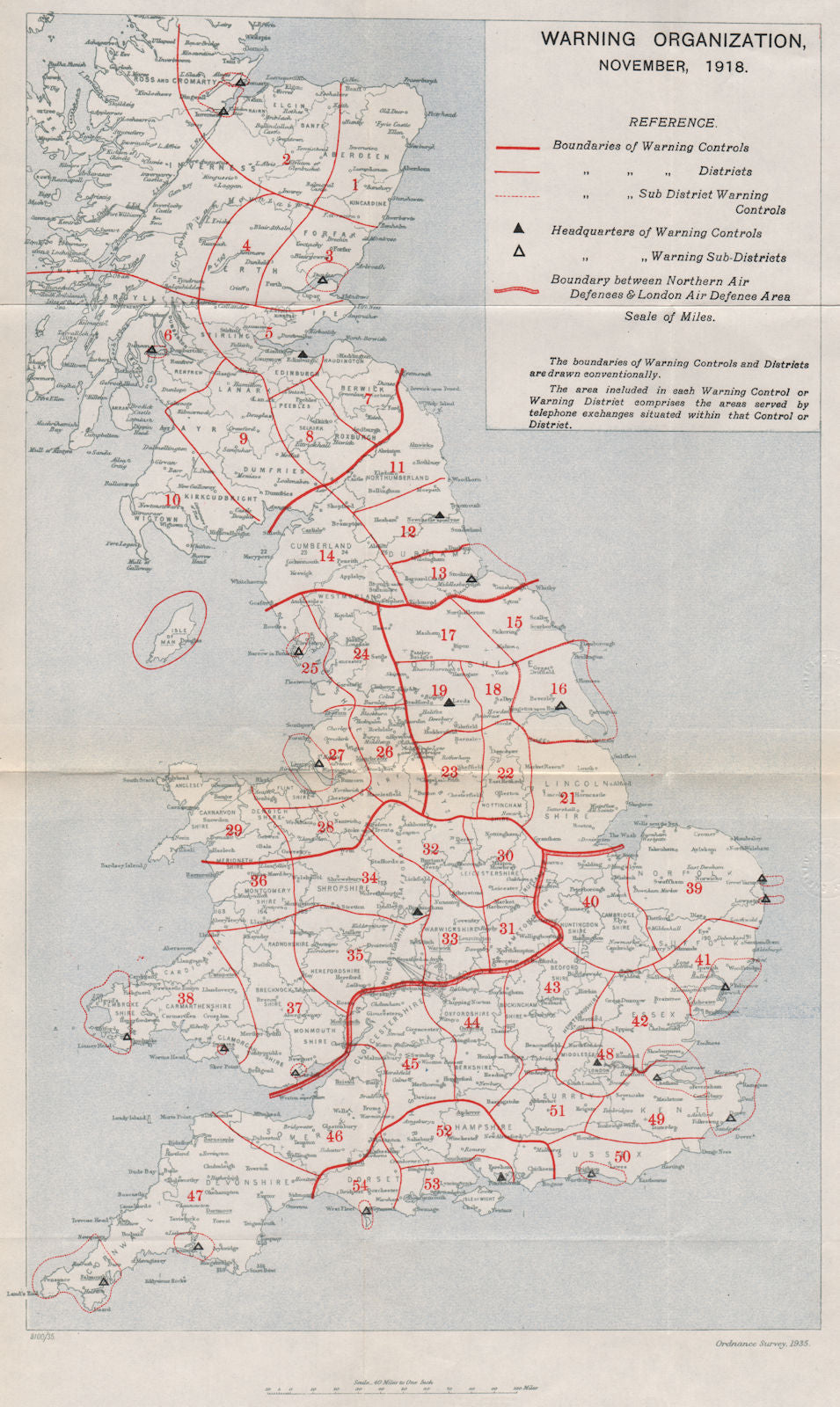 FIRST WORLD WAR. United Kingdom Warning Organization, November 1918 1935 map
