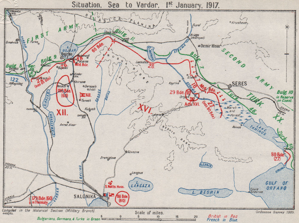 FIRST WORLD WAR. Macedonian front. 1st January 1917. Thessaloniki 1935 old map