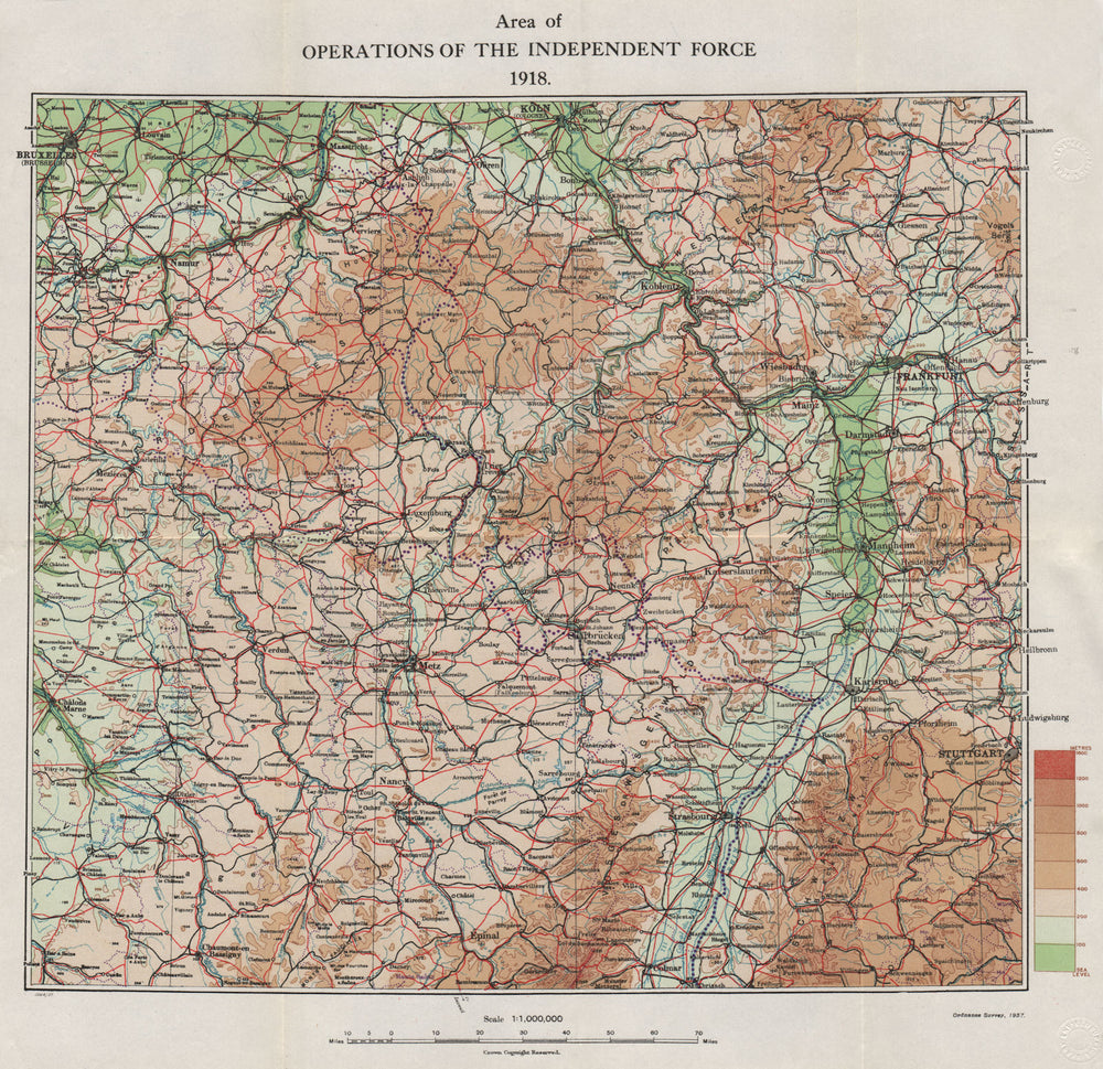 FIRST WORLD WAR. Area of bombing by the Independent Air Force, 1918 1937 map