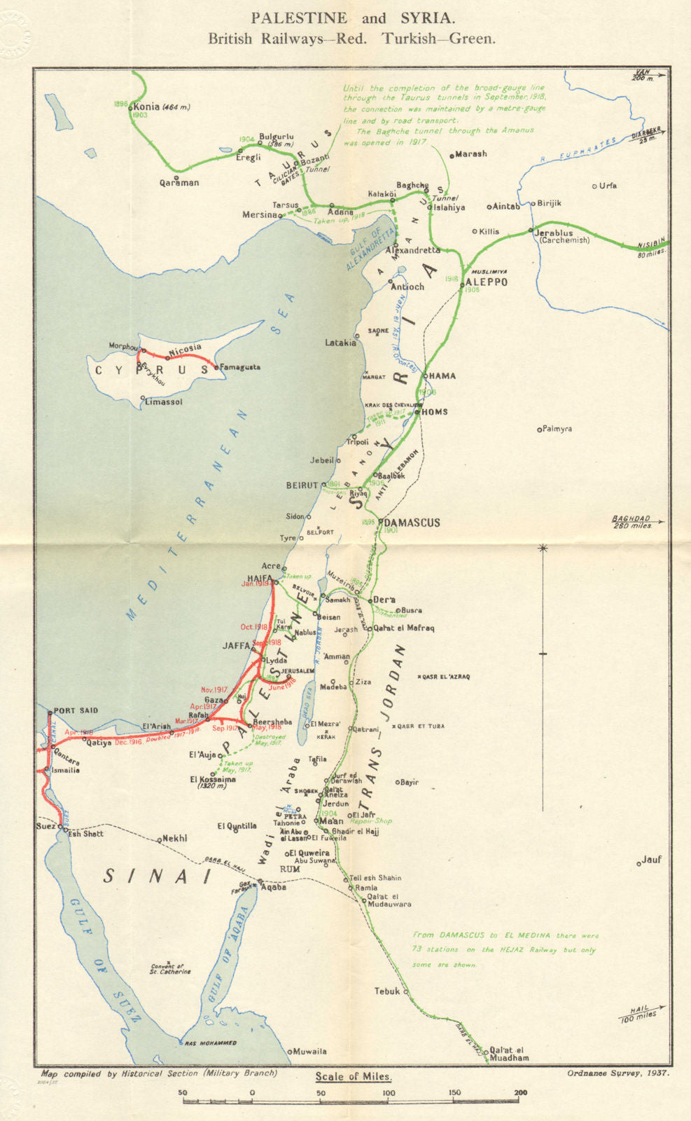 FIRST WORLD WAR.Palestine & Syria railways.British(Red)Turkish(Green) 1937 map