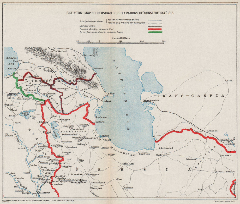 FIRST WORLD WAR. Operation Dunsterforce, 1918. Azerbaijan 1937 old vintage map