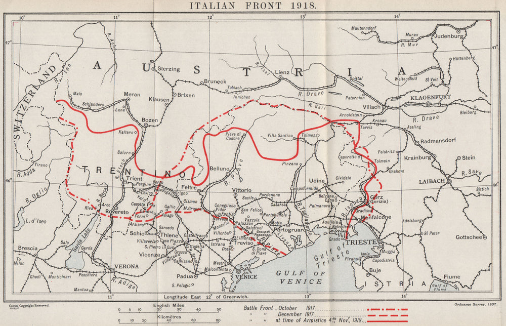 FIRST WORLD WAR. Italian Front, 1917-1918. Battle lines. Italy 1937 old map
