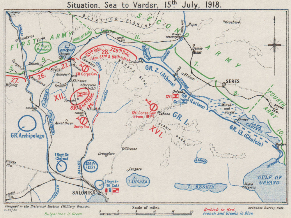 WW 1. Macedonian front. July 1918. Thessaloniki. French British Greeks 1937 map