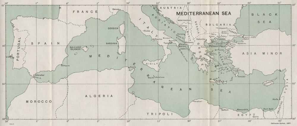 FIRST WORLD WAR. Mediterranean/Aegean Sea. Theatres of operations 1937 old map