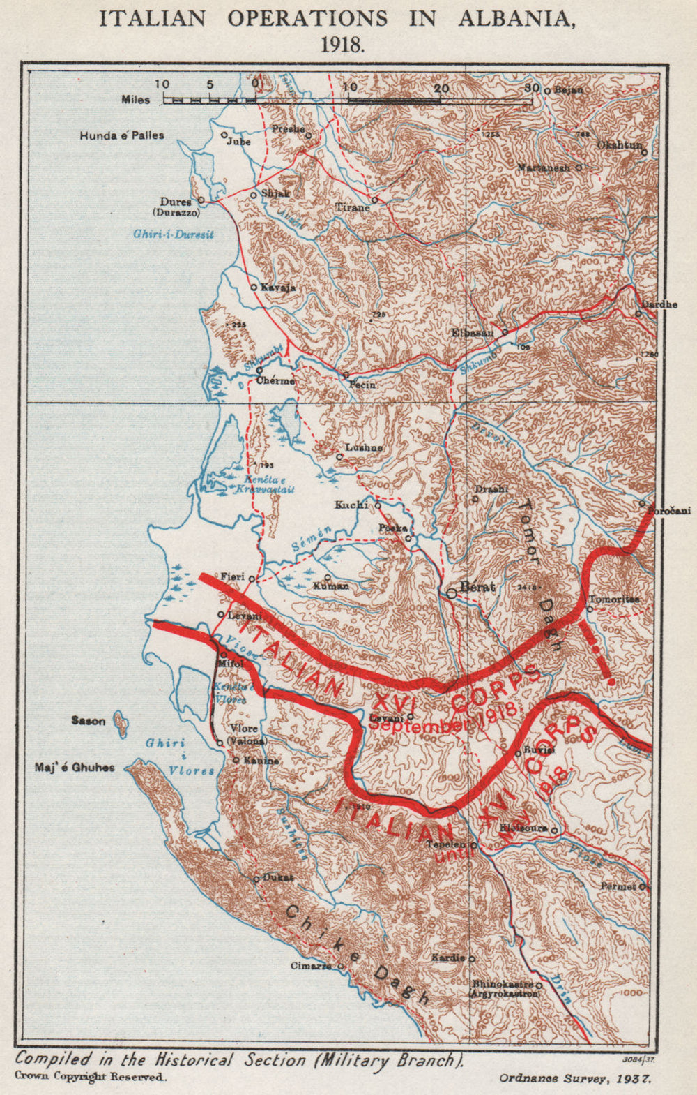 FIRST WORLD WAR. Italian XVI Corps operations in Albania, 1918 1937 old map