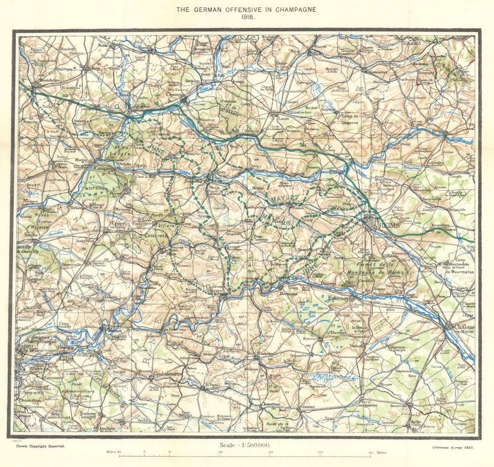 FIRST WORLD WAR. The German offensive in Champagne, 1918 1937 old vintage map