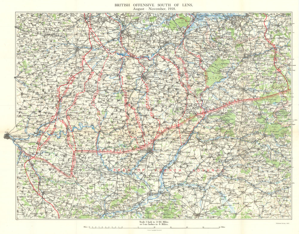 FIRST WORLD WAR. British offensive south of Lens, August-November 1918 1937 map
