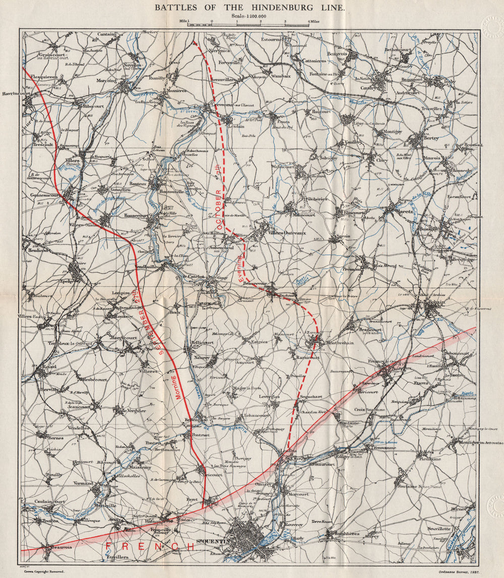 WW1 WESTERN FRONT. Battles of the Hindenburg line, Sept-Oct 1918 1937 old map
