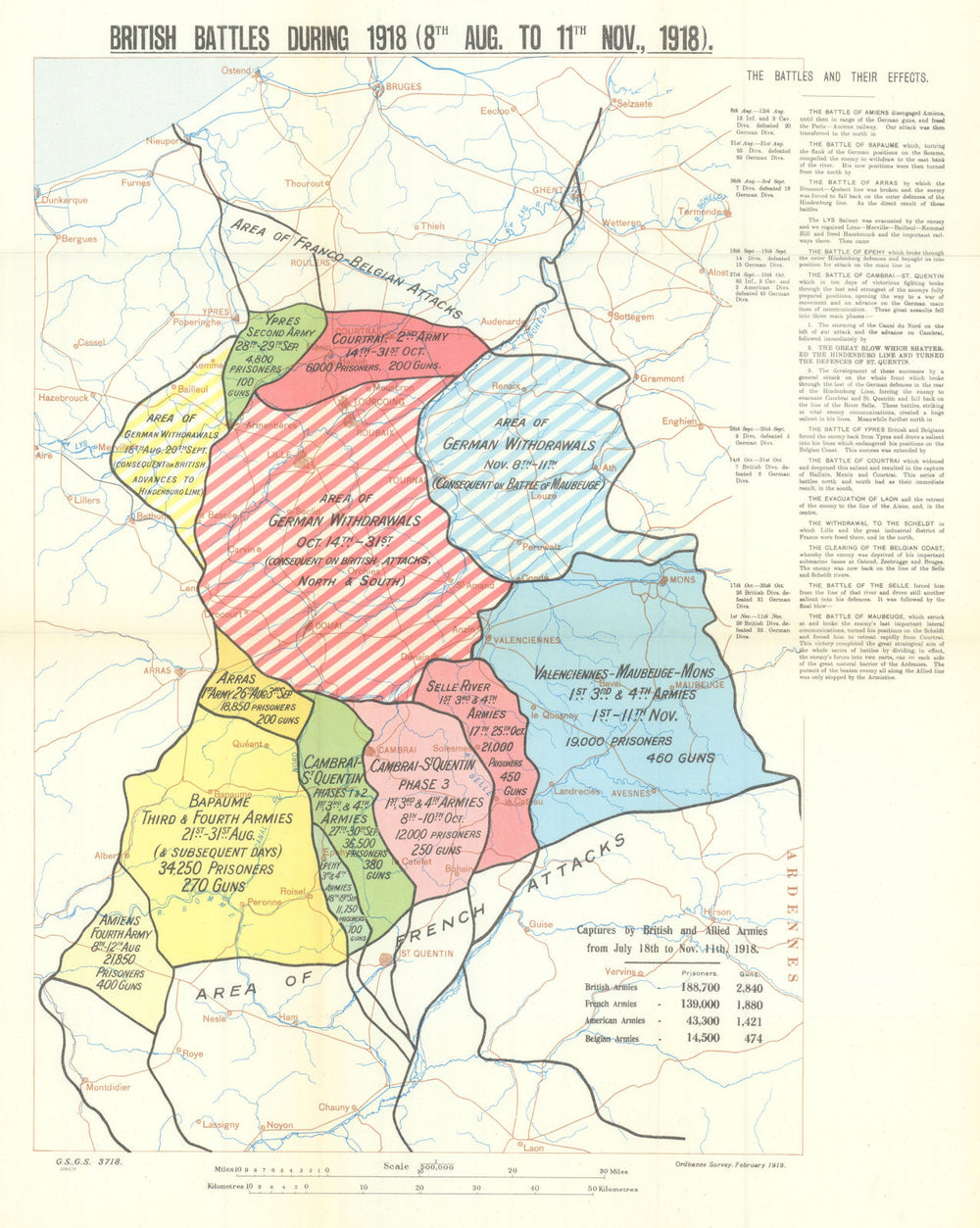 WW1 WESTERN FRONT. British battles during Aug-Nov 1918 1937 old vintage map