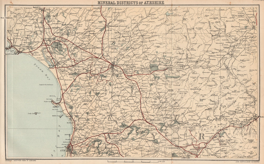 AYRSHIRE. Map of the coal mining districts. Scotland. Minerals. BARTHOLOMEW 1885
