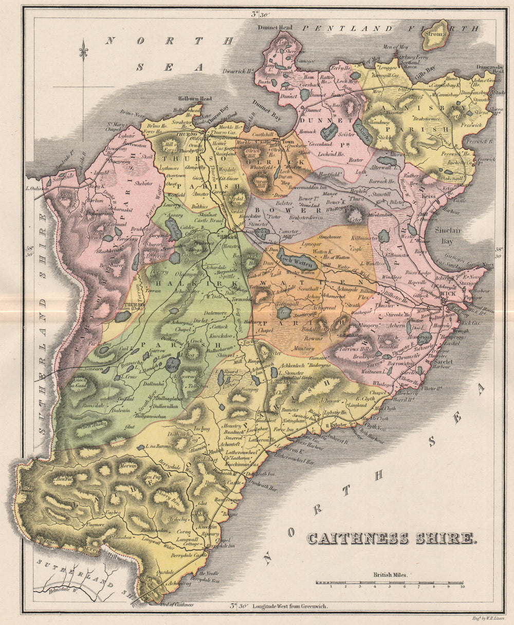 CAITHNESS-SHIRE. Antique county map. Wick Thurso Scotland. Parishes. LIZARS 1885