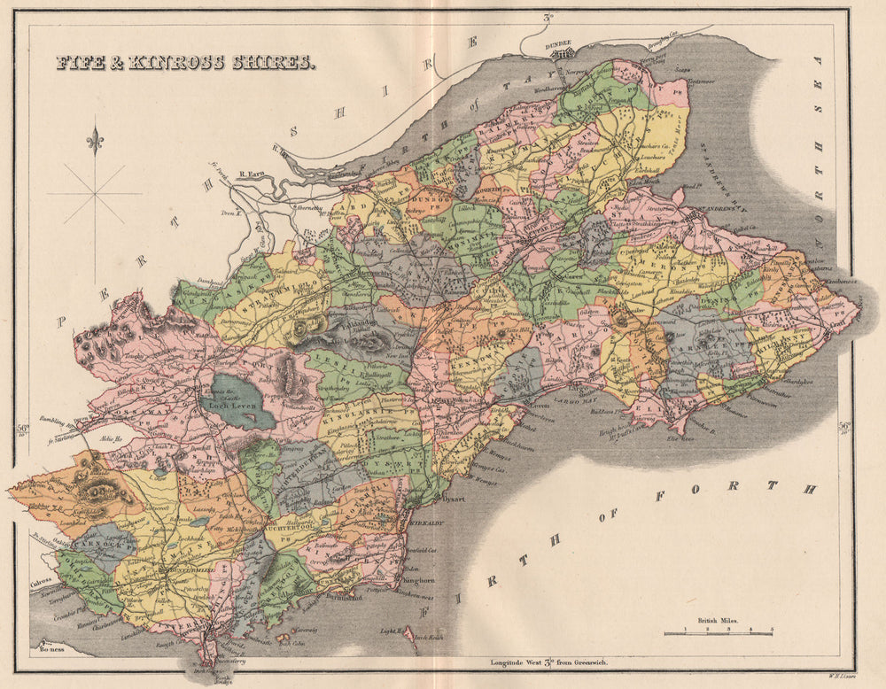 FIFESHIRE & KINROSS-SHIRE.County map.Dunfermline St Andrews.Parishes.LIZARS 1885