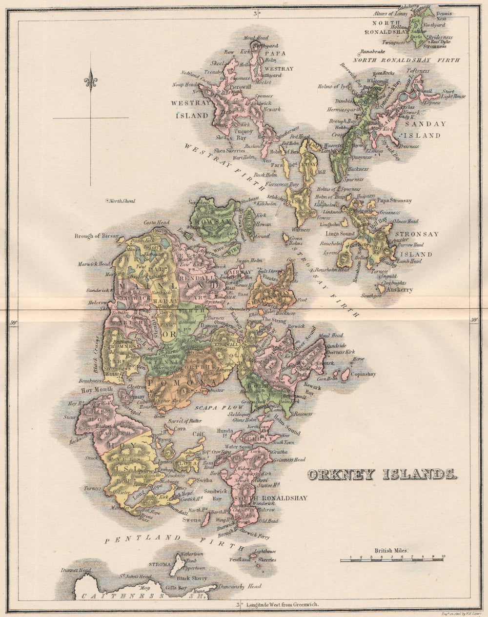 ORKNEY ISLANDS. Antique map. Parishes. Kirkwall. Scotland. LIZARS 1885 old