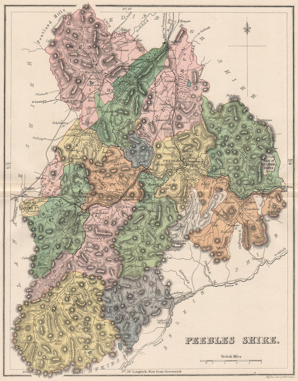 PEEBLESSHIRE. Antique county map. Parishes. Scotland. LIZARS 1885 old