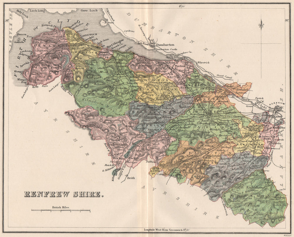 RENFREWSHIRE. County map. Parishes.Greenock Paisley Glasgow Scotland.LIZARS 1885