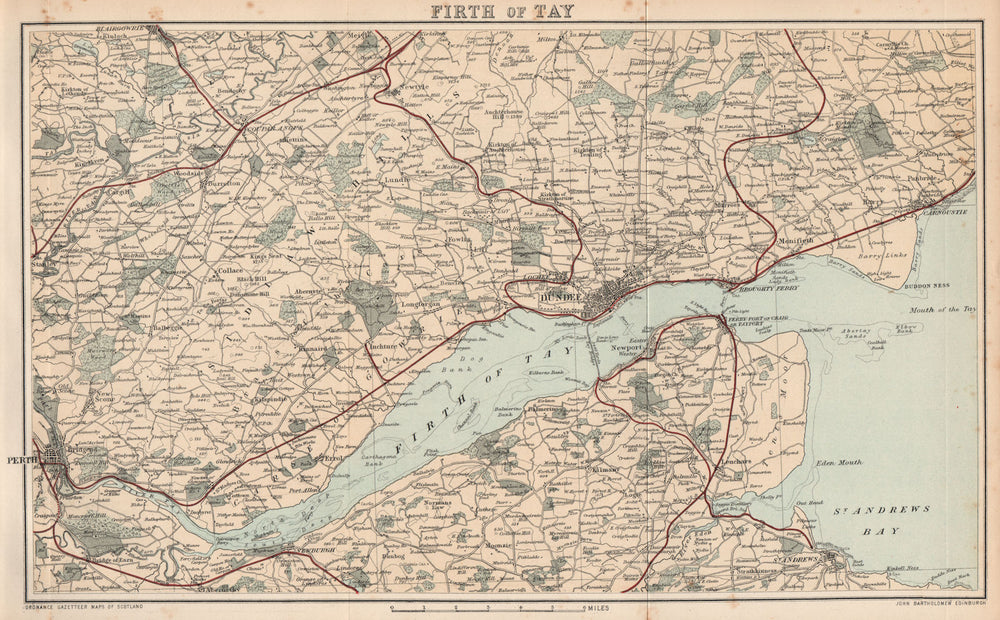 FIRTH OF TAY. Antique map. Perth. Dundee. St Andrews. Scotland. BARTHOLOMEW 1885