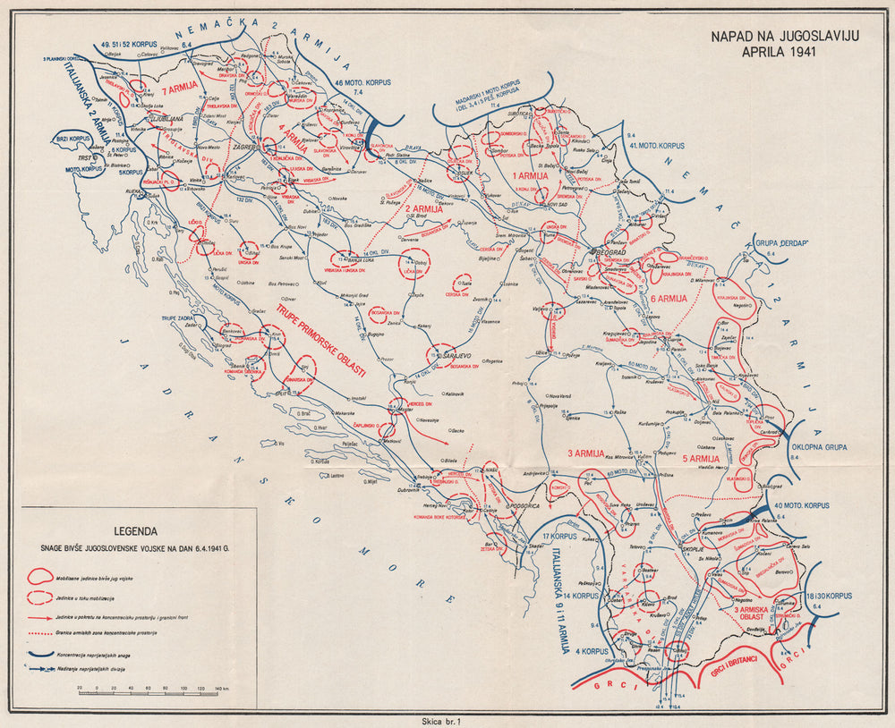 YUGOSLAVIA. The invasion of Yugoslavia in April 1941 1957 old vintage map