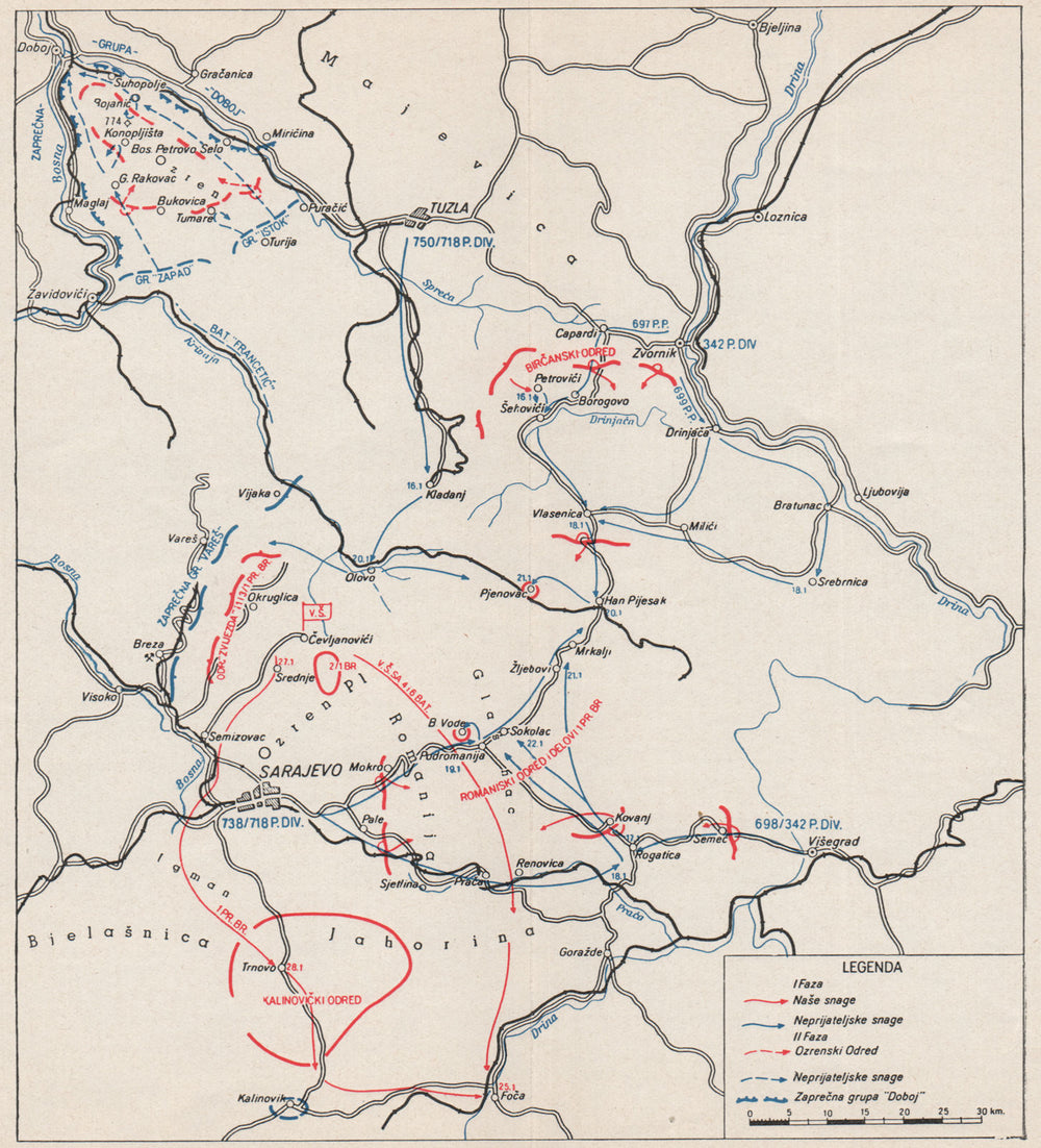 BOSNIA HERZEGOVINA. Second Axis offensive January 1942. Tuzla Sarajevo 1957 map