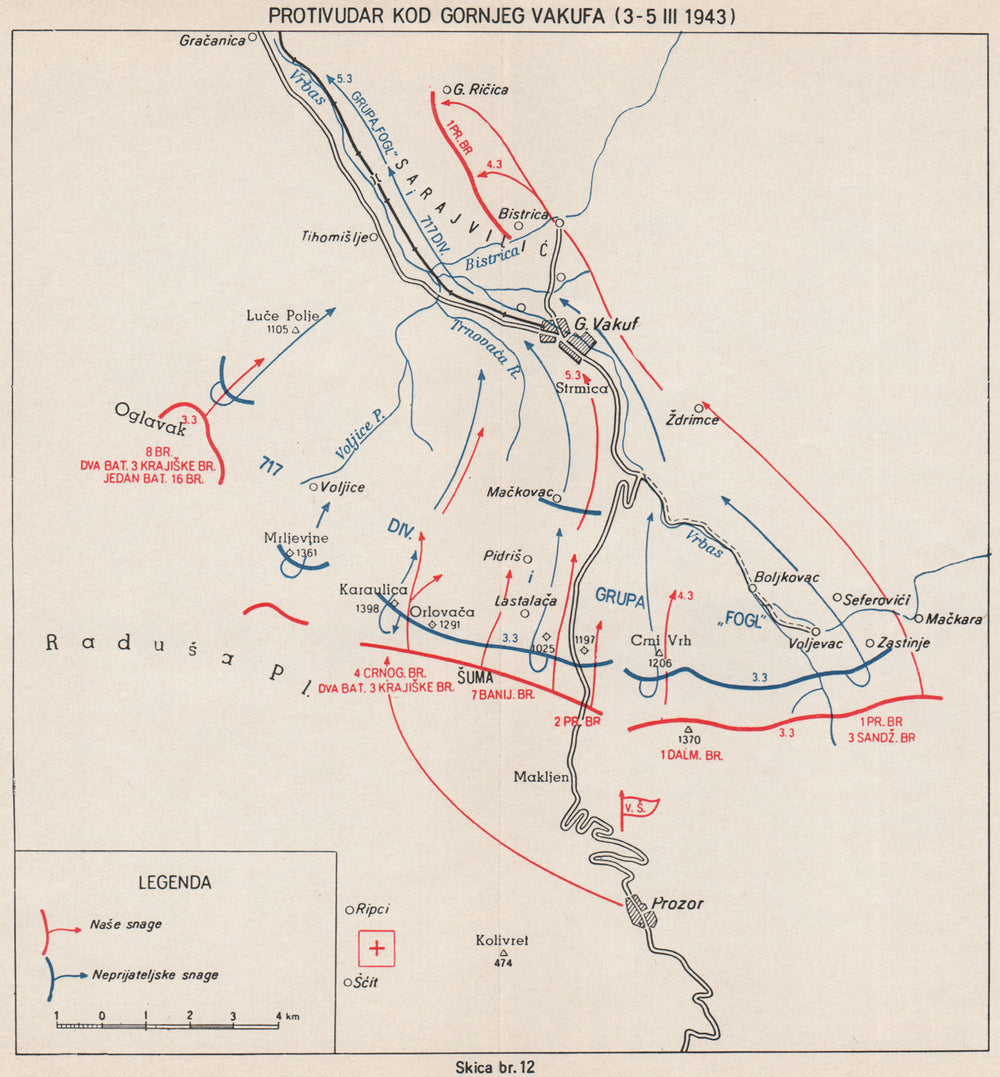 BOSNIA HERZEGOVINA. Counterstrikes in Gornji Vakuf (3-5 March 1943)  1957 map