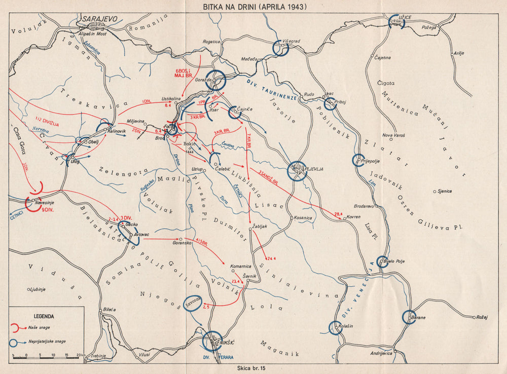 YUGOSLAVIA. Battle of the Drina (April 1943) . Sarajevo Pljevlja Niksic 1957 map