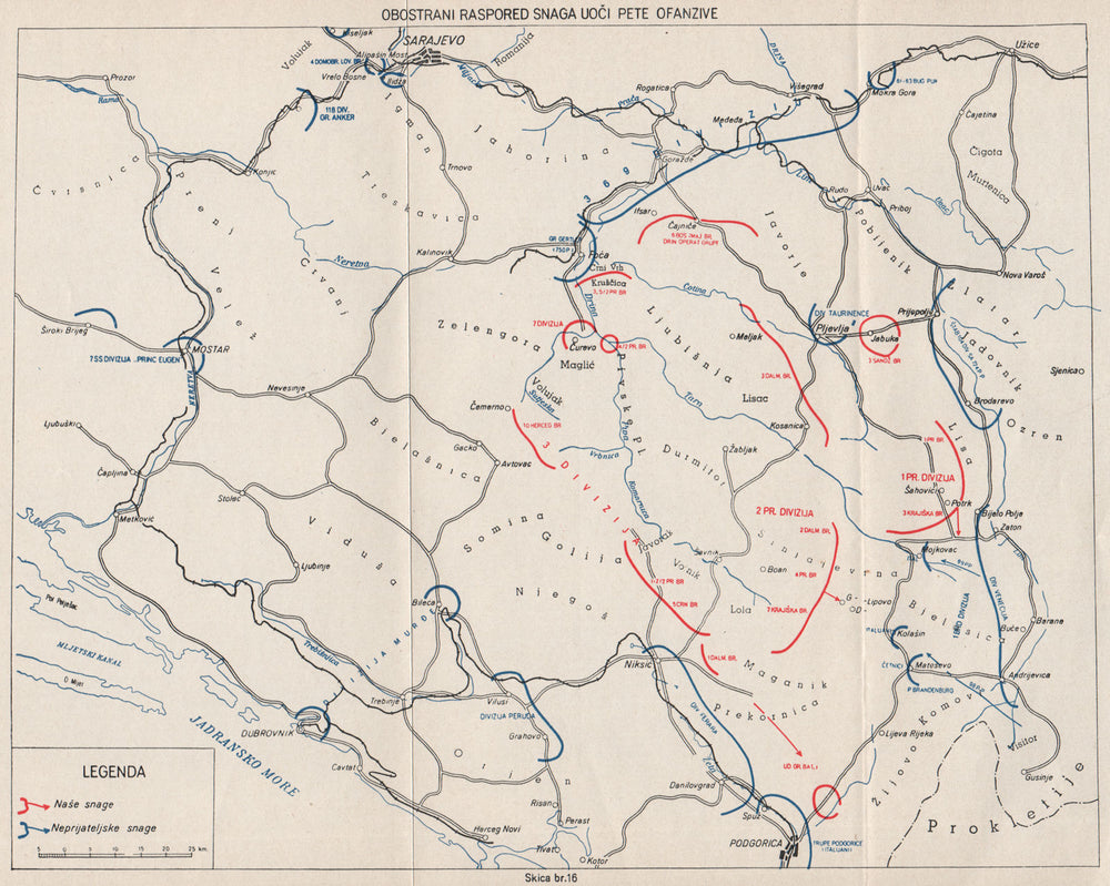 MONTENEGRO. Disposition of forces on the eve of the 5th offensive. 1943 1957 map