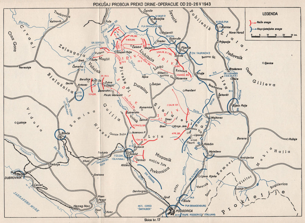 MONTENEGRO.5th offensive.Operation Schwarz.1st try. May 1943. Podgorica 1957 map