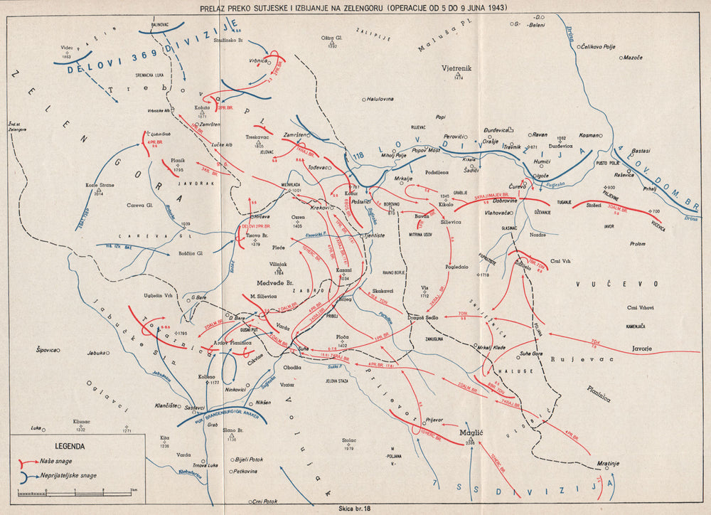 June Offensive Map OP. SCHWARZ. 5th offensive. Breakthrough Sutjeska June 1943. Zelengora ...
