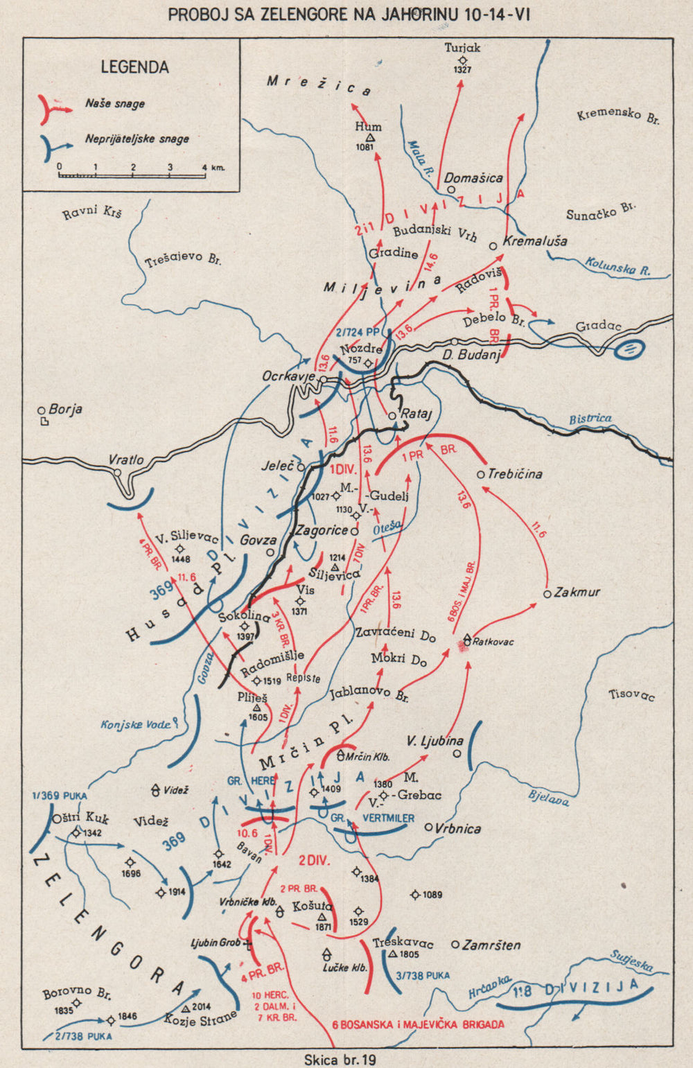 OPERATION SCHWARZ.5th offensive.Zelengora breakthrough June 1943.Bosnia 1957 map